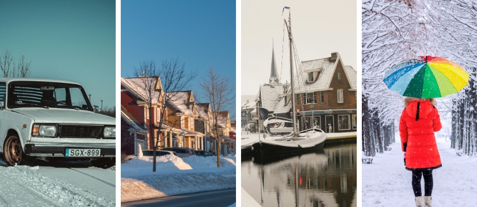 A four-panel collage depicting various winter scenes: a white car in the snow, snow-covered suburban houses, a sailboat docked in a canal near snowy buildings, and a person in a red coat holding a rainbow umbrella in a snow-covered park